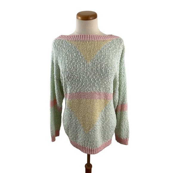 Vintage 80s Here's a Hug Knit Sweater Pastel Loose Knit Chenille - Picture 3 of 7